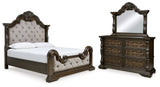 Maylee California King Upholstered Bed with Mirrored Dresser in Dark Brown - PKG017054