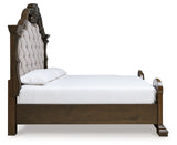 Maylee California King Upholstered Bed with Mirrored Dresser in Dark Brown - PKG017054