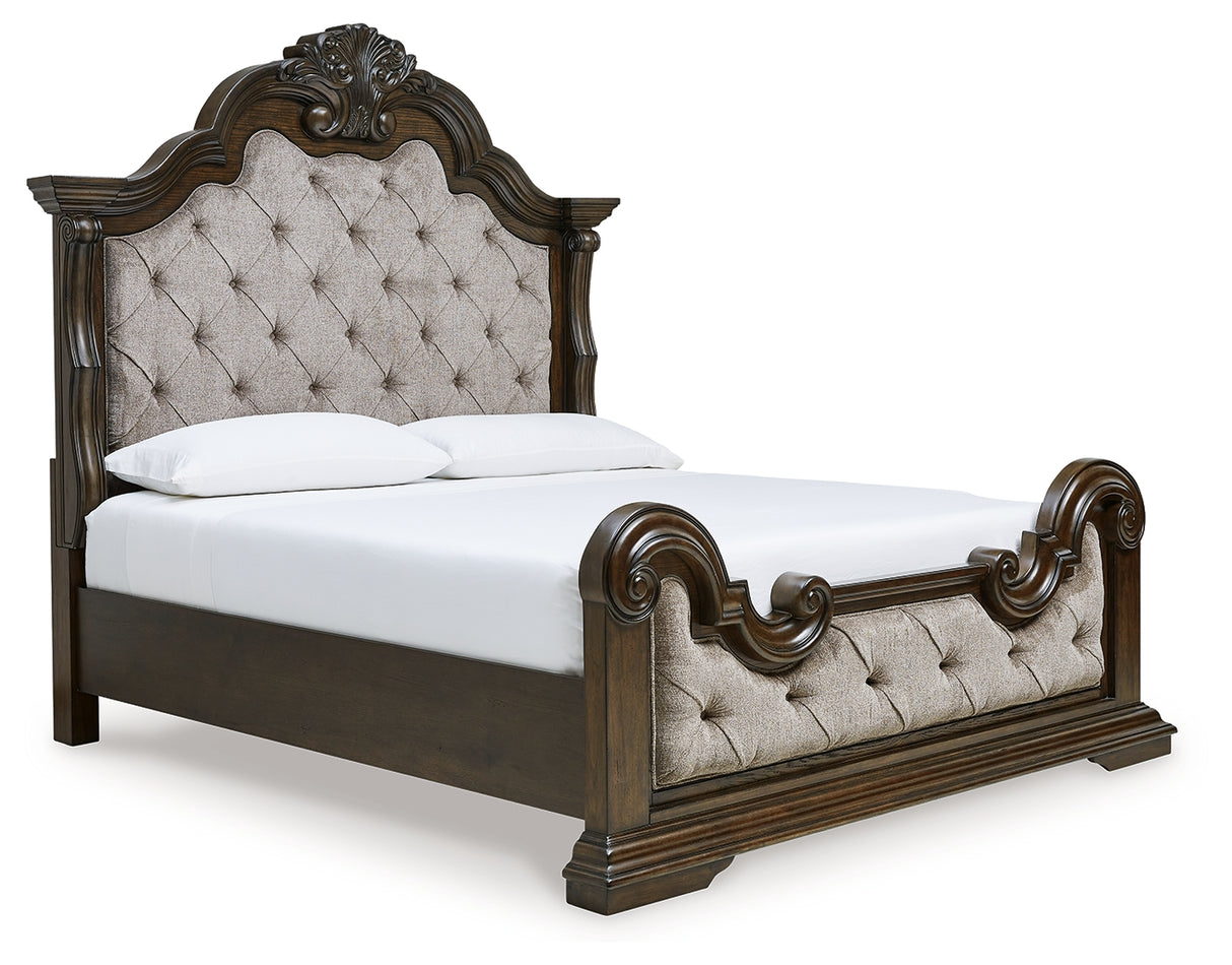 Maylee Queen Upholstered Bed with Dresser in Dark Brown - PKG017033