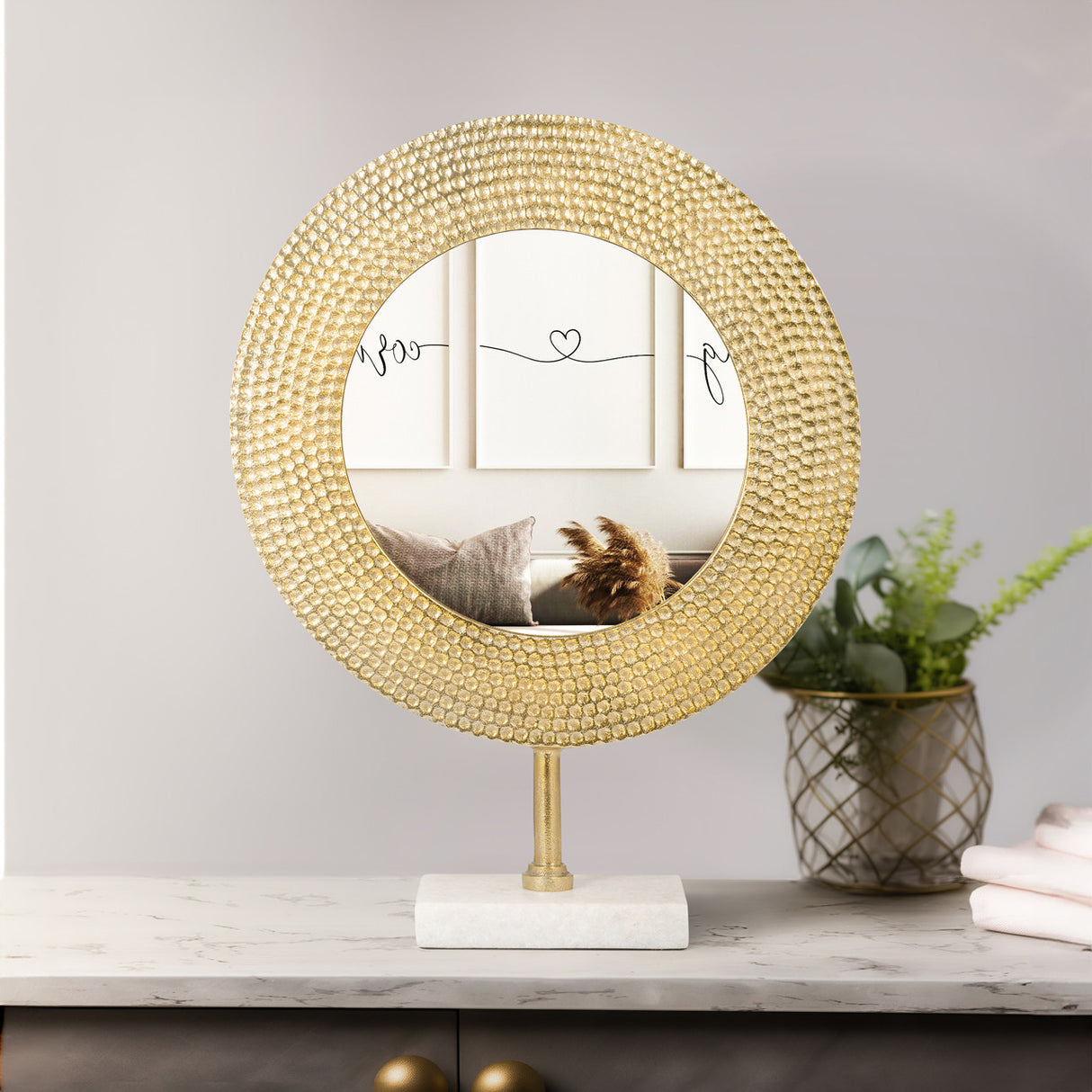 Metal 19" Hammered Mirror On Stand, Gold - 15284-03