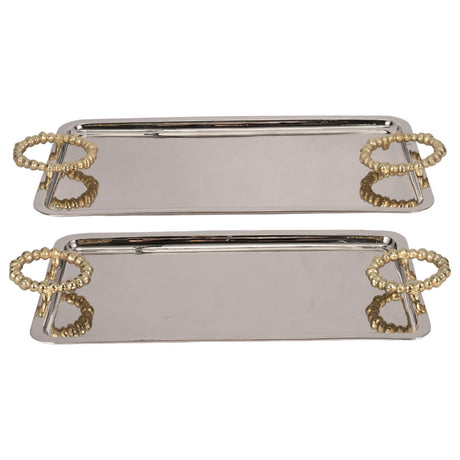 Metal, S/2 23/28" Trays With Beaded Handles,silver - 19068