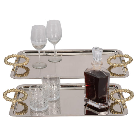 Metal, S/2 23/28" Trays With Beaded Handles,silver - 19068