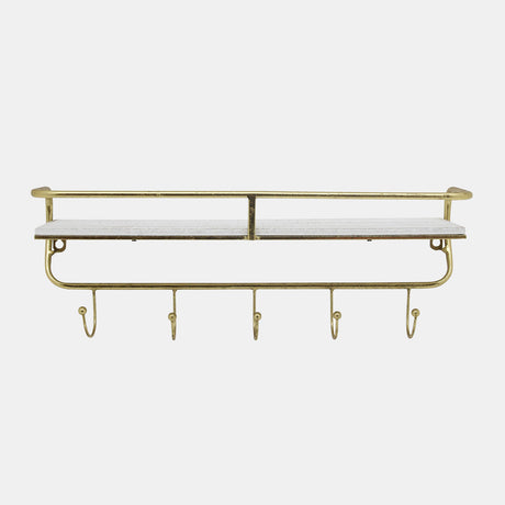 Metal/wood 20" 5 Hook Wall Shelf, White/gold from Sagebrook Home - Luna Furniture