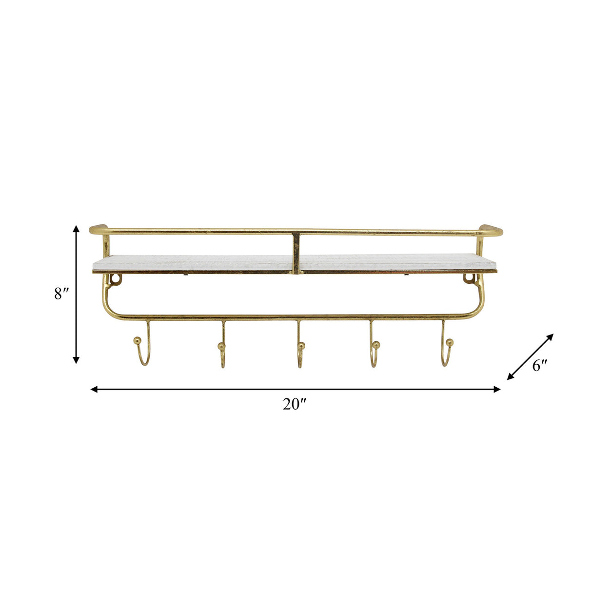 Metal/wood 20" 5 Hook Wall Shelf, White/gold from Sagebrook Home - Luna Furniture