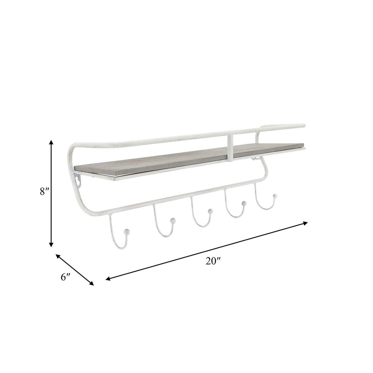 Metal/wood 20" 5 Hook Wall Shelf, White/gray from Sagebrook Home - Luna Furniture