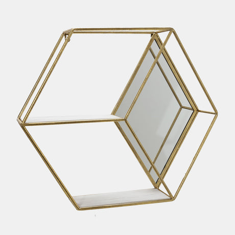 Metal/wood 20" Hexagon Mirrored Wall Shelf, Gold from Sagebrook Home - Luna Furniture