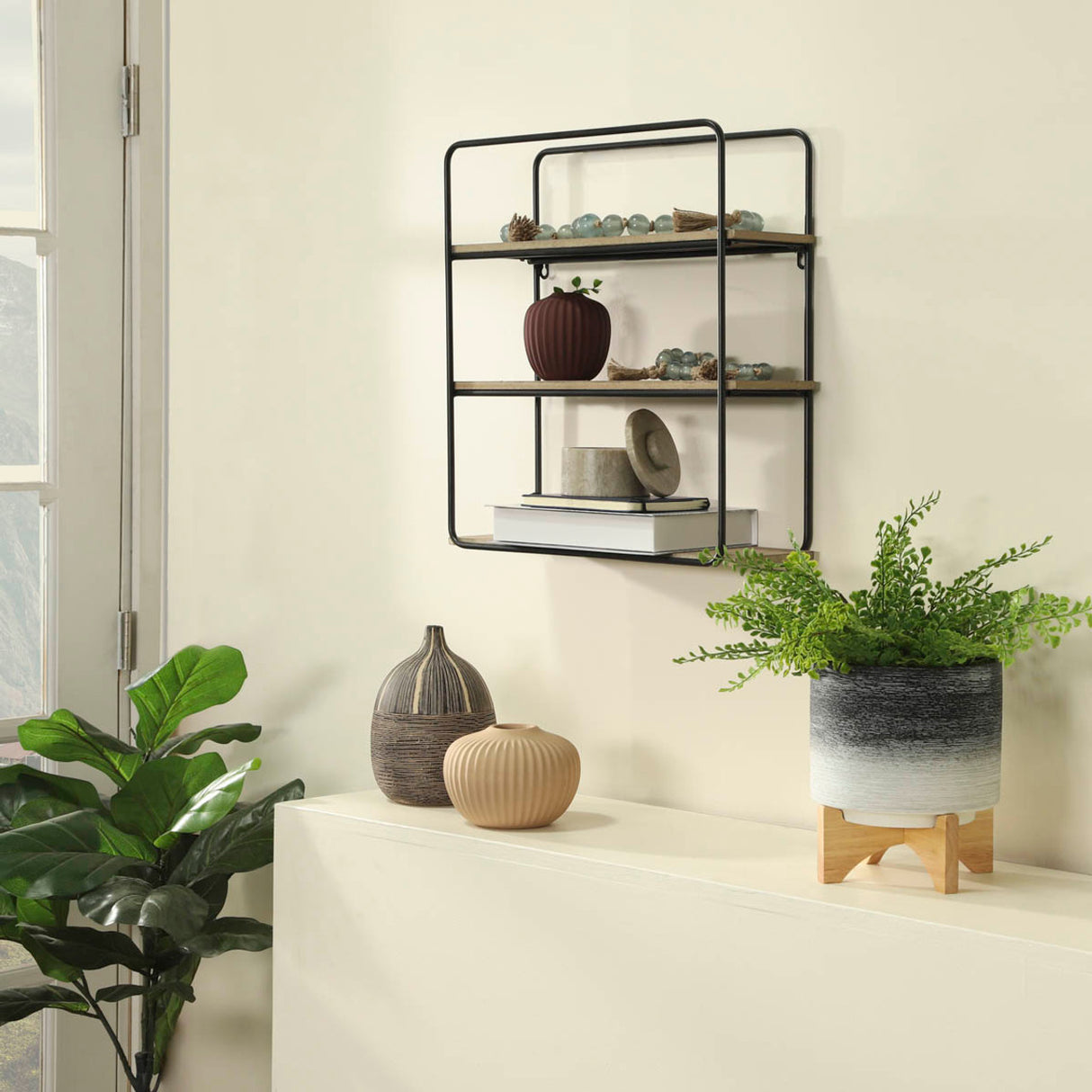 Metal/wood 3 Tier Wall Shelf, Brown/black from Sagebrook Home - Luna Furniture