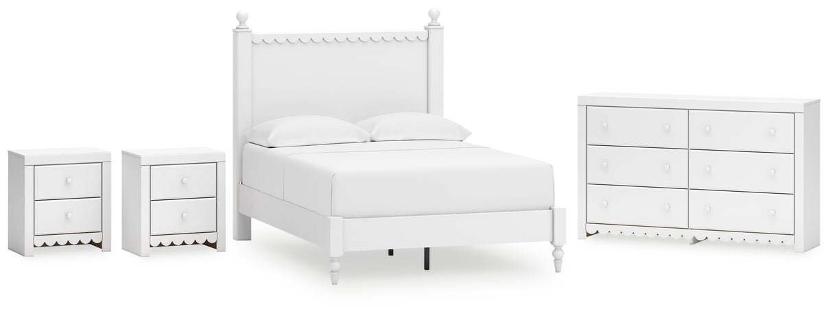 Mollviney Full Panel Bed with Dresser and 2 Nightstands in White - PKG018957