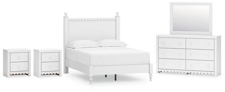 Mollviney Full Panel Bed with Mirrored Dresser and 2 Nightstands in White - PKG018955