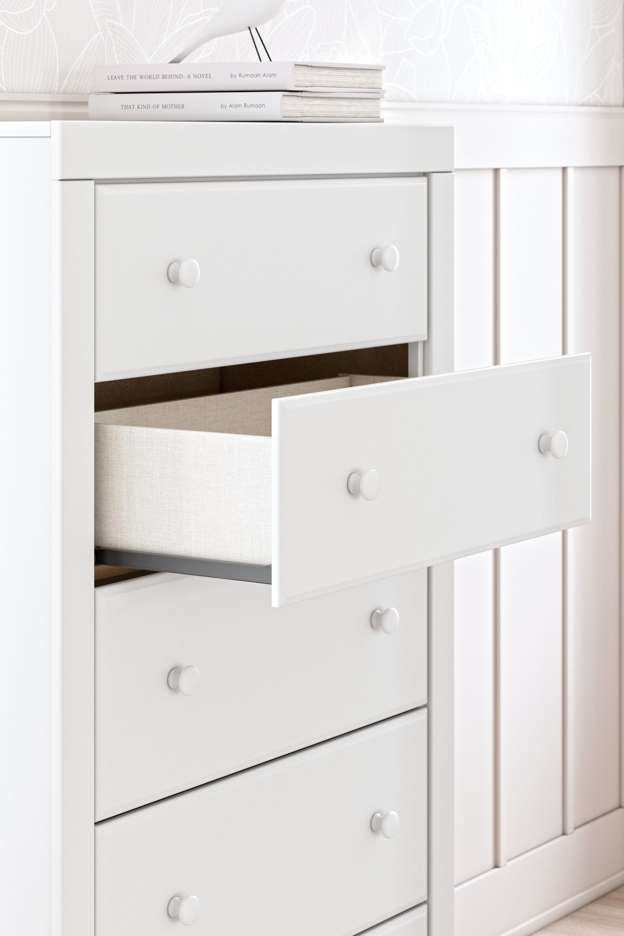 Mollviney Full Panel Bed with Mirrored Dresser and Chest in White from Ashley - Luna Furniture