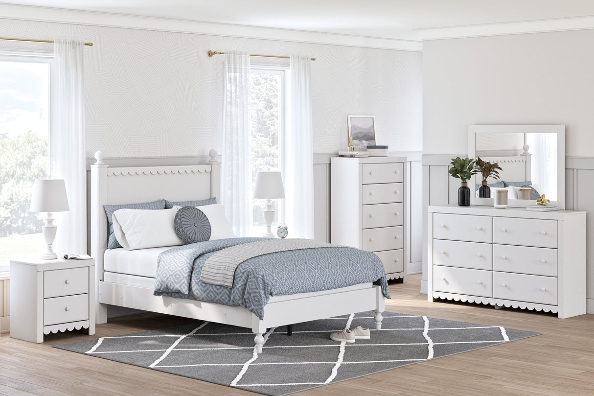 Mollviney Full Panel Bed with Mirrored Dresser and Chest in White from Ashley - Luna Furniture