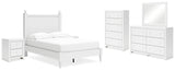 Mollviney Full Panel Bed with Mirrored Dresser, Chest and 2 Nightstands in White - PKG018956