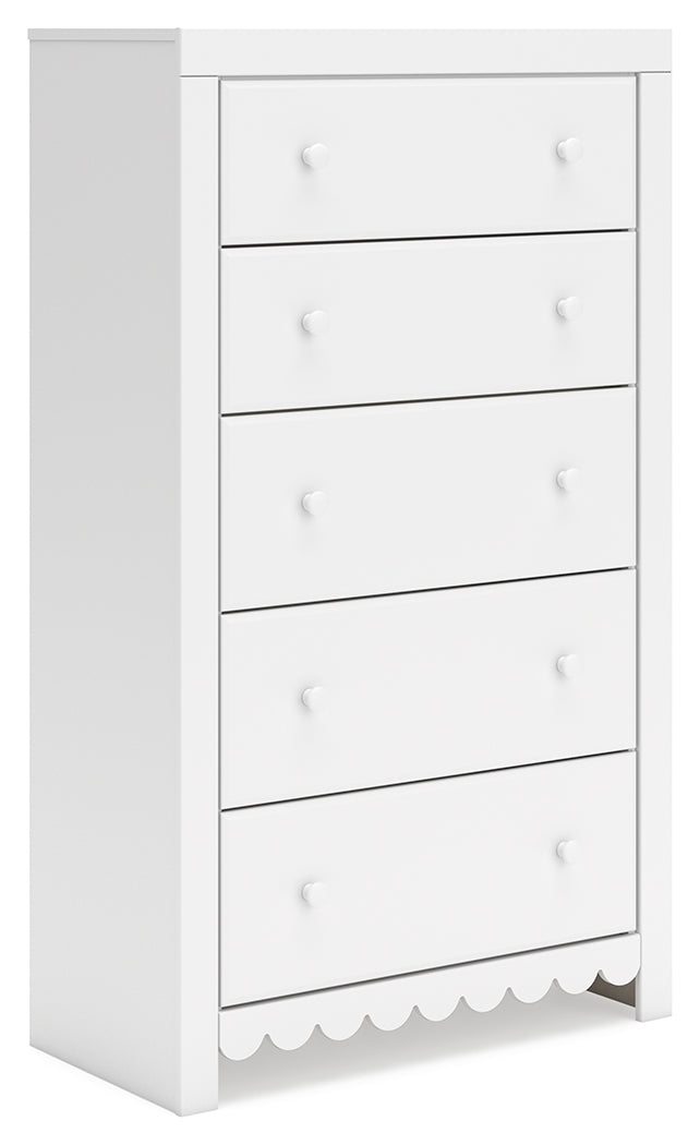 Mollviney Full Panel Bed with Mirrored Dresser, Chest and 2 Nightstands in White - PKG018956