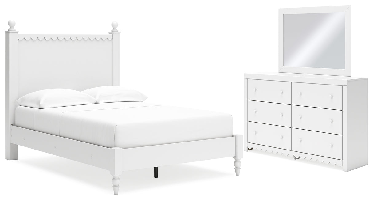 Mollviney Full Panel Bed with Mirrored Dresser in White - PKG018742