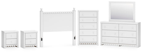 Mollviney Full Panel Headboard with Mirrored Dresser, Chest and 2 Nightstands in White from Ashley - Luna Furniture