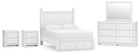 Mollviney Full Panel Storage Bed with Mirrored Dresser and 2 Nightstands in White from Ashley - Luna Furniture