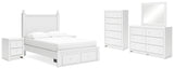 Mollviney Full Panel Storage Bed with Mirrored Dresser, Chest and 2 Nightstands in White - PKG018974