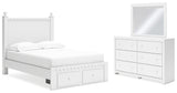 Mollviney Full Panel Storage Bed with Mirrored Dresser in White - PKG018752