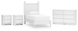 Mollviney Twin Panel Bed with Dresser and 2 Nightstands in White - PKG018953