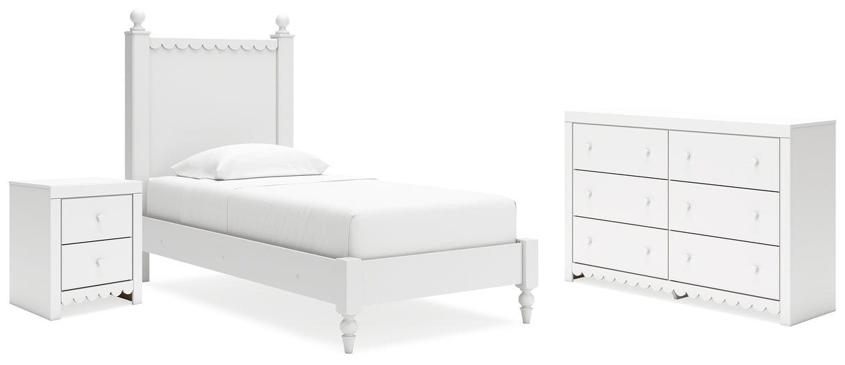 Mollviney Twin Panel Bed with Dresser and Nightstand in White - PKG020133