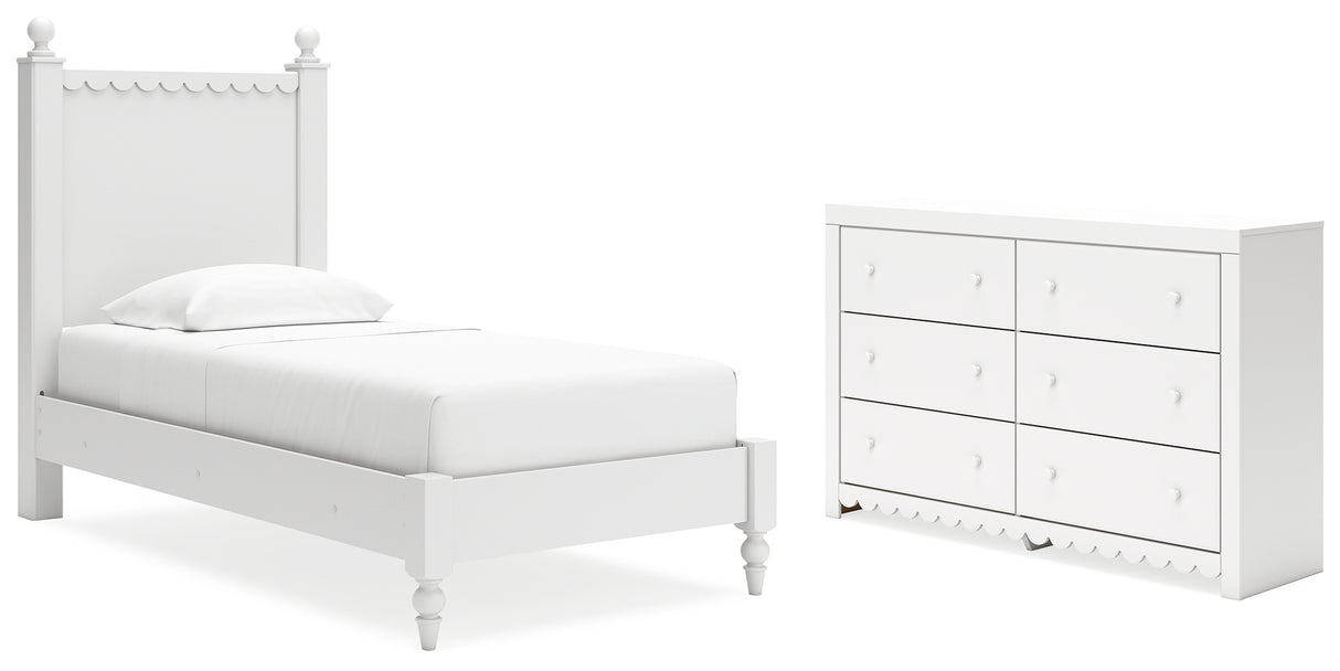 Mollviney Twin Panel Bed with Dresser in White - PKG018741