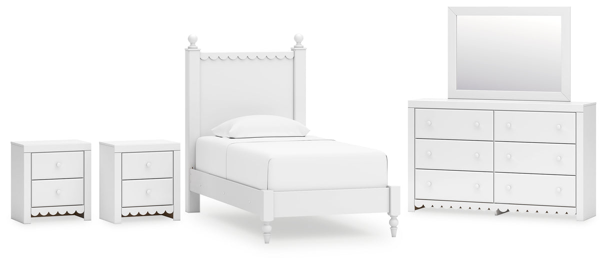 Mollviney Twin Panel Bed with Mirrored Dresser and 2 Nightstands in White - PKG018951