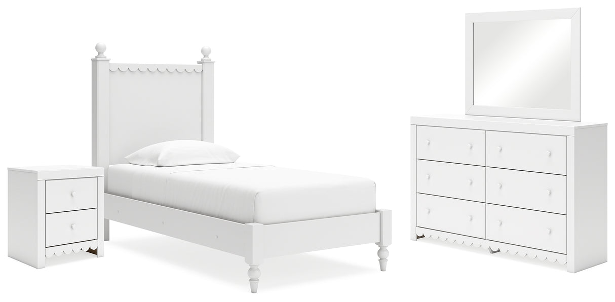 Mollviney Twin Panel Bed with Mirrored Dresser and Nightstand in White - PKG018738