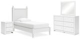 Mollviney Twin Panel Bed with Mirrored Dresser and Nightstand in White - PKG018738