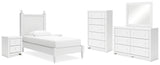 Mollviney Twin Panel Bed with Mirrored Dresser, Chest and 2 Nightstands in White - PKG018952