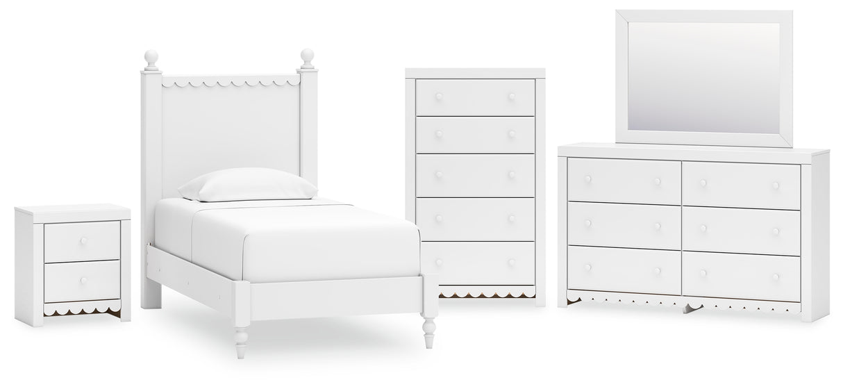 Mollviney Twin Panel Bed with Mirrored Dresser, Chest and Nightstand in White - PKG018740