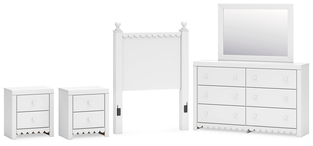 Mollviney Twin Panel Headboard with Mirrored Dresser and 2 Nightstands in White from Ashley - Luna Furniture