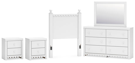 Mollviney Twin Panel Headboard with Mirrored Dresser and 2 Nightstands in White from Ashley - Luna Furniture