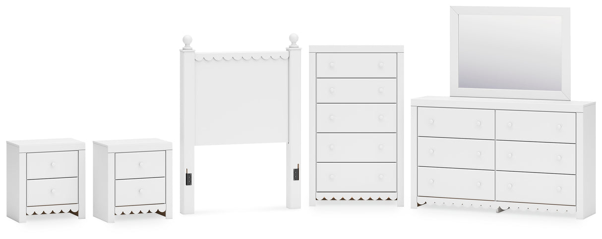 Mollviney Twin Panel Headboard with Mirrored Dresser, Chest and 2 Nightstands in White from Ashley - Luna Furniture