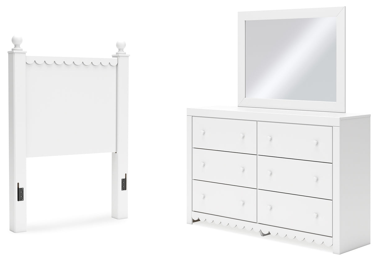 Mollviney Twin Panel Headboard with Mirrored Dresser in White - PKG018727