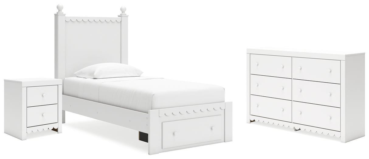 Mollviney Twin Panel Storage Bed with Dresser and Nightstand in White - PKG020134