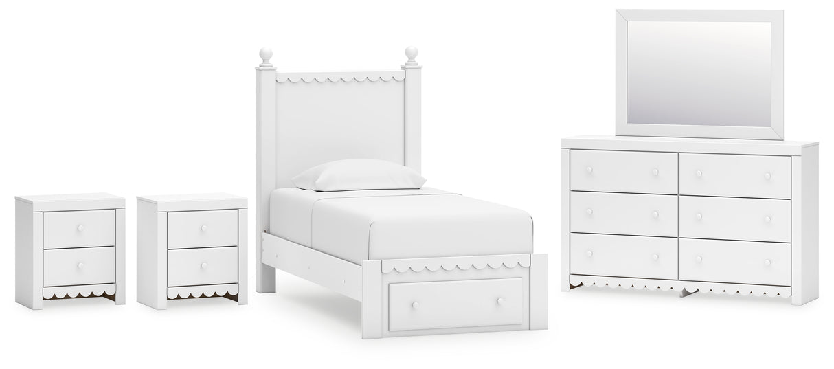 Mollviney Twin Panel Storage Bed with Mirrored Dresser and 2 Nightstands in White from Ashley - Luna Furniture