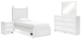 Mollviney Twin Panel Storage Bed with Mirrored Dresser and Nightstand in White - PKG018748