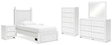 Mollviney Twin Panel Storage Bed with Mirrored Dresser, Chest and 2 Nightstands in White - PKG018960