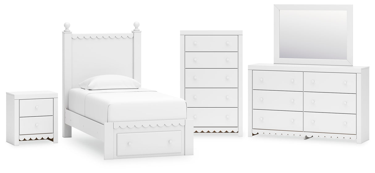 Mollviney Twin Panel Storage Bed with Mirrored Dresser, Chest and Nightstand in White - PKG018750