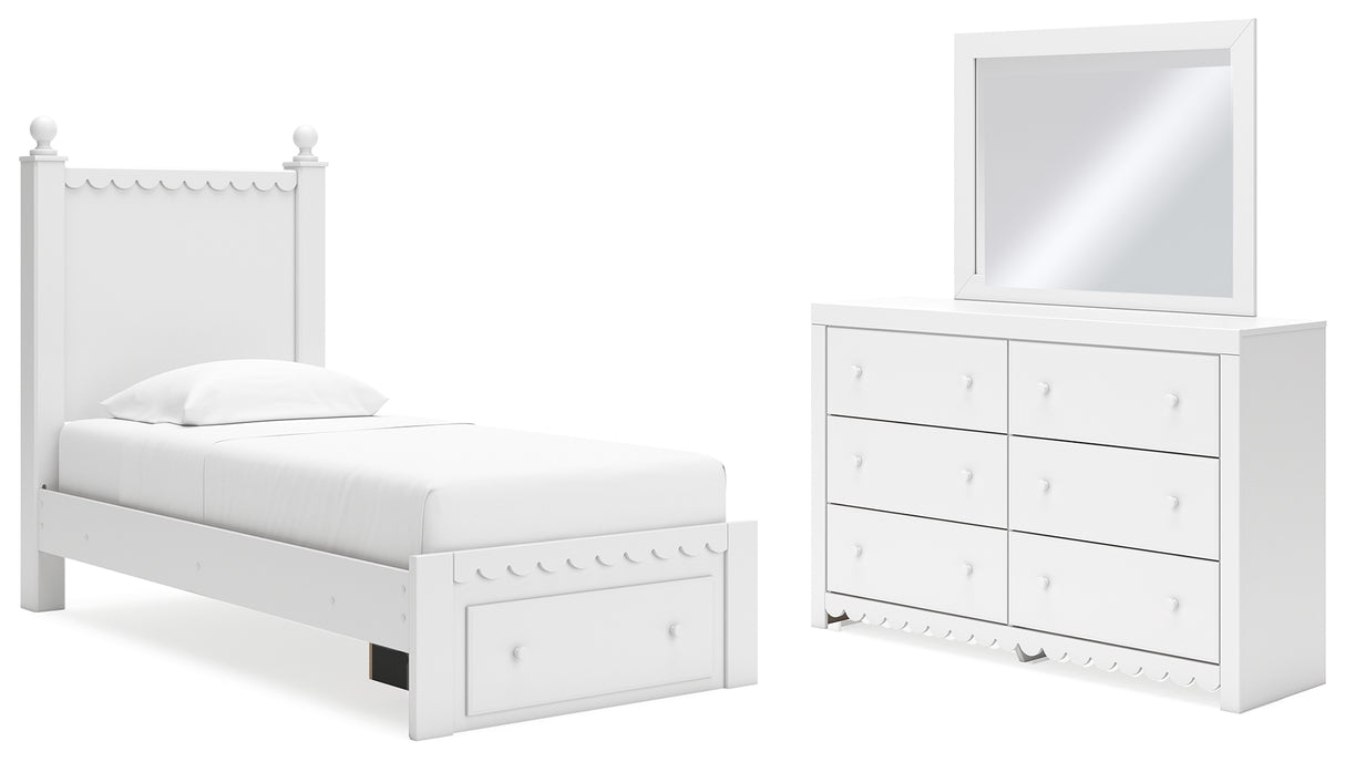 Mollviney Twin Panel Storage Bed with Mirrored Dresser in White - PKG018747