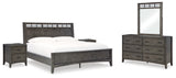 Montillan California King Panel Bed with Mirrored Dresser and 2 Nightstands in Grayish Brown - PKG015963