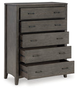 Montillan California King Panel Bed with Mirrored Dresser and Chest in Grayish Brown from Ashley - Luna Furniture