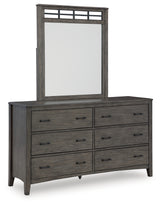 Montillan California King Panel Bed with Mirrored Dresser and Nightstand in Grayish Brown - PKG015965