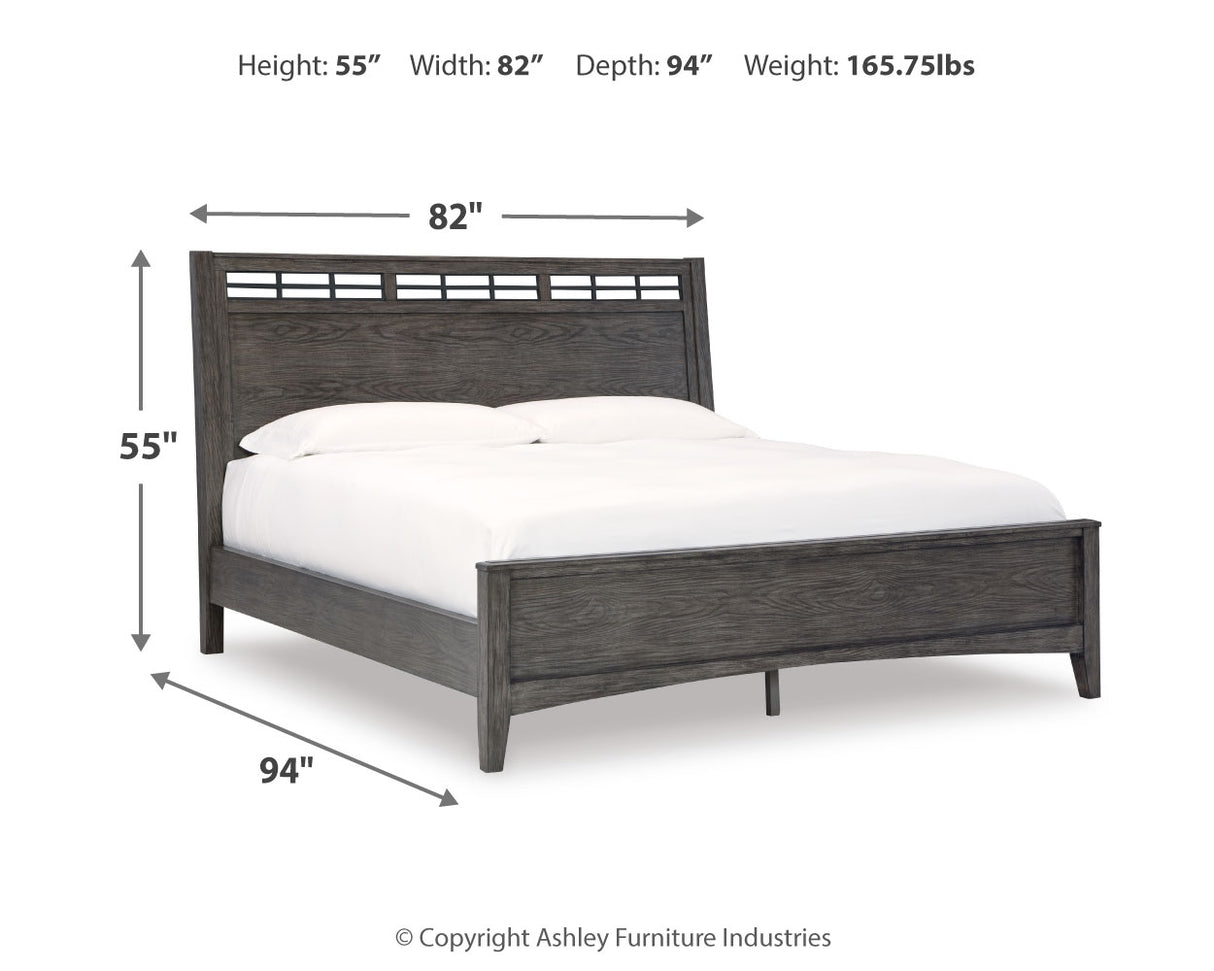 Montillan California King Panel Bed with Mirrored Dresser and Nightstand in Grayish Brown - PKG015965