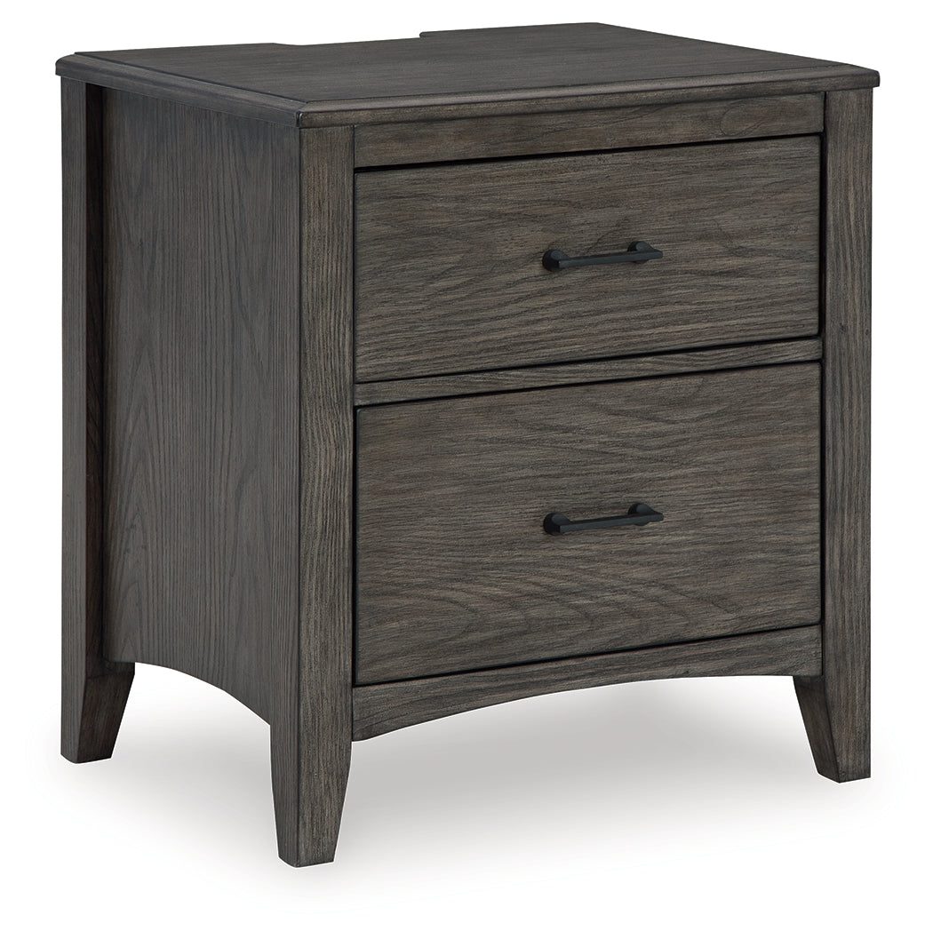 Montillan California King Panel Bed with Mirrored Dresser and Nightstand in Grayish Brown - PKG015965