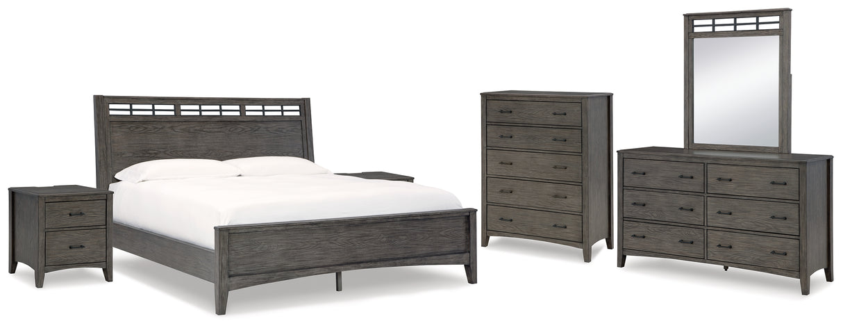 Montillan California King Panel Bed with Mirrored Dresser, Chest and 2 Nightstands in Grayish Brown - PKG015964