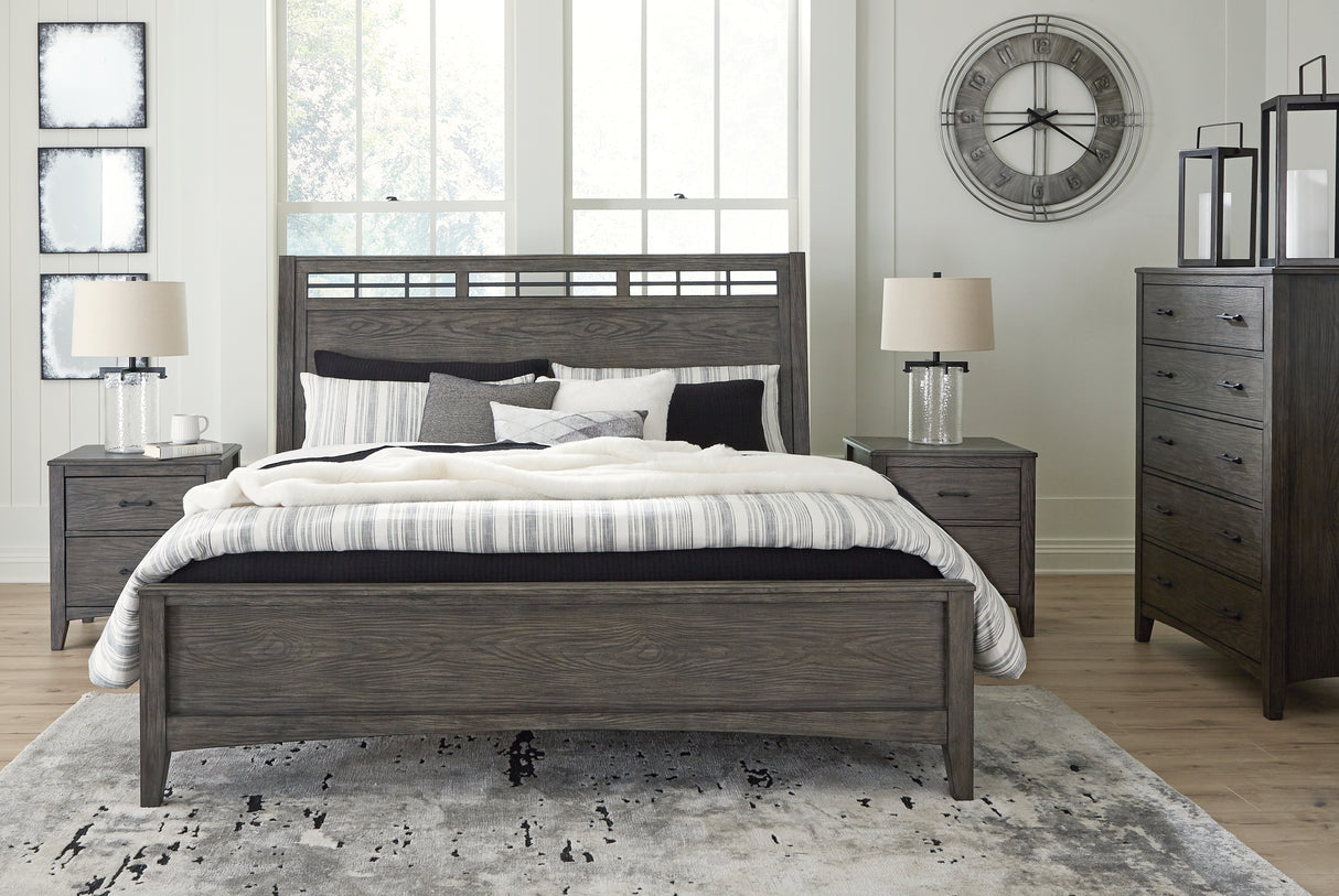 Montillan California King Panel Bed with Mirrored Dresser, Chest and 2 Nightstands in Grayish Brown - PKG015964