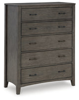 Montillan California King Panel Bed with Mirrored Dresser, Chest and 2 Nightstands in Grayish Brown - PKG015964