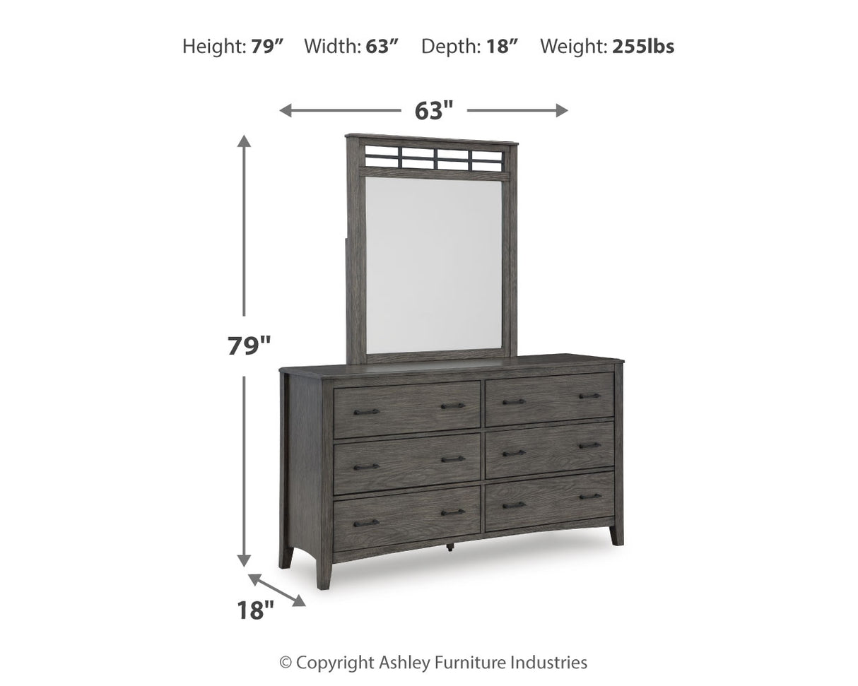 Montillan California King Panel Bed with Mirrored Dresser, Chest and Nightstand in Grayish Brown - PKG015967