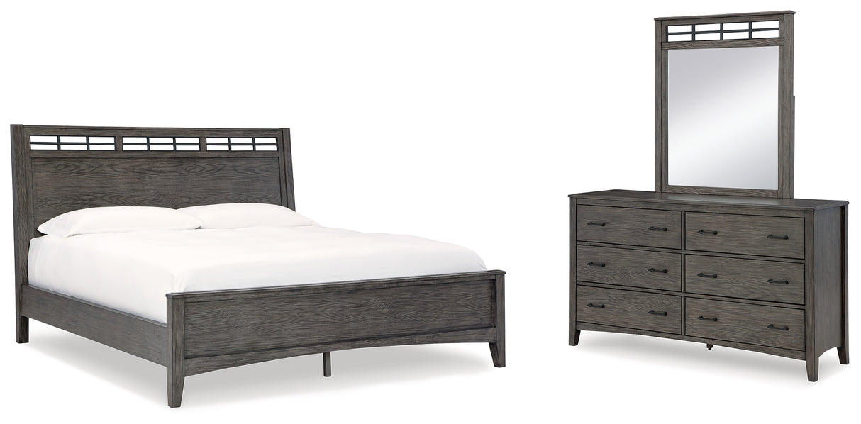 Montillan California King Panel Bed with Mirrored Dresser in Grayish Brown - PKG015962